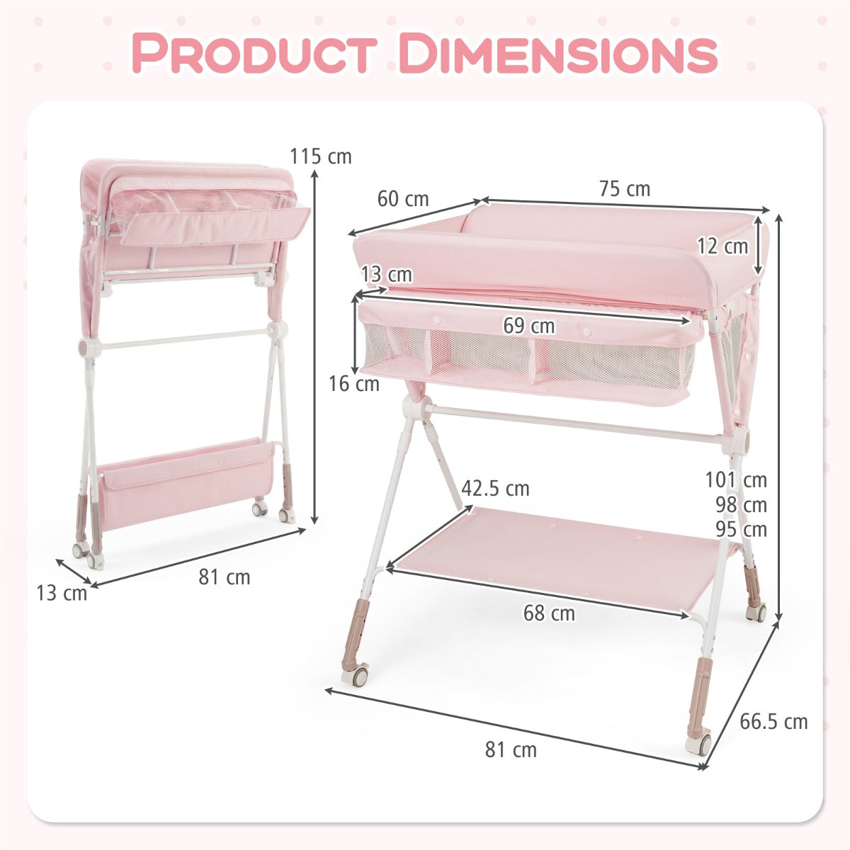 Livsk costway draagbare commode opvouwbare verschoontafel met 3 voudig verstelbare hoogte en vergrendelbare wielen 81 x 665 x 95 101 cm roze