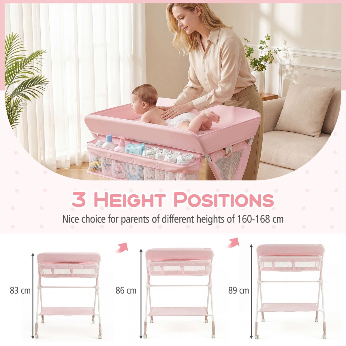 Livsk costway draagbare commode opvouwbare verschoontafel met 3 voudig verstelbare hoogte en vergrendelbare wielen 81 x 665 x 95 101 cm roze