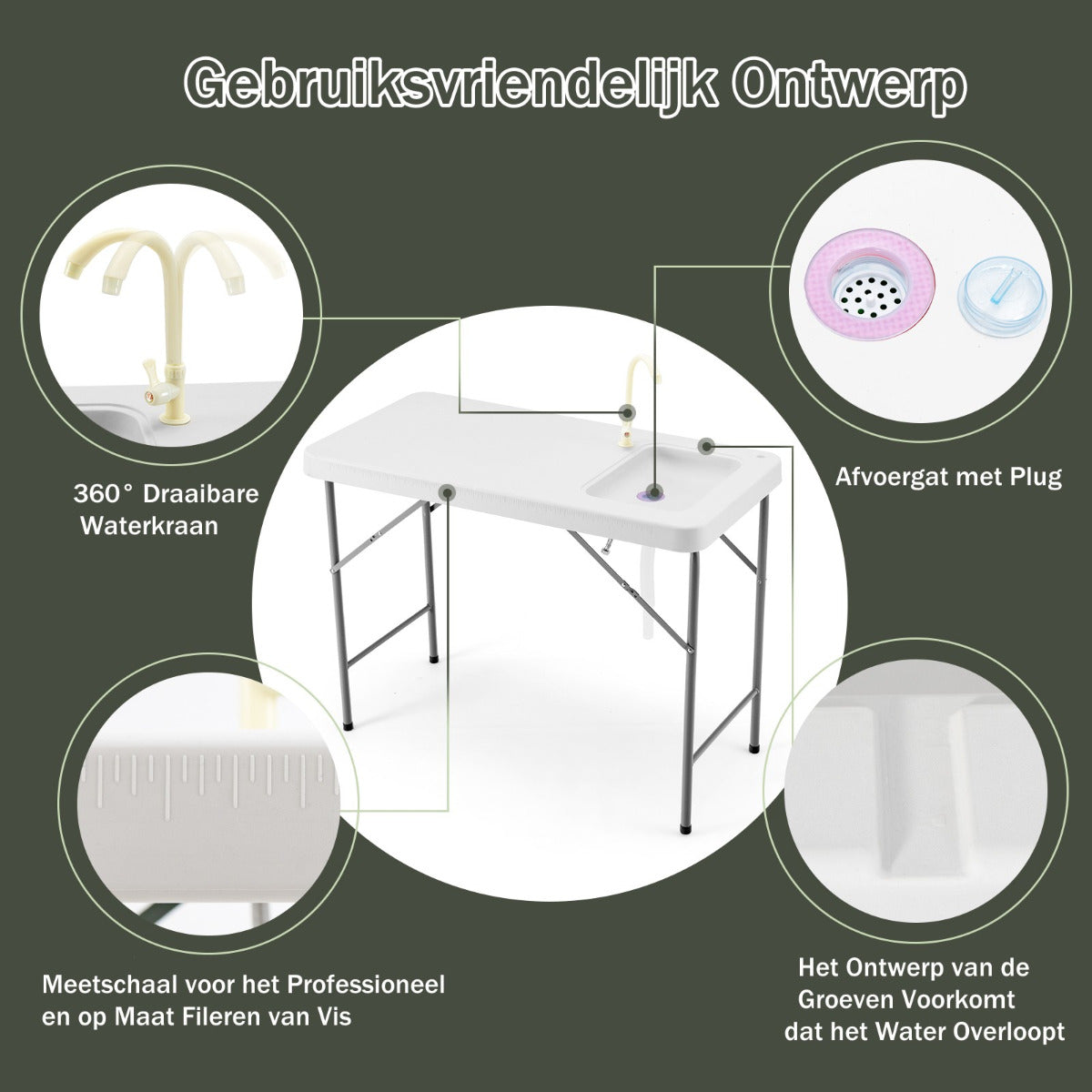 LIVSK Draagbare Opvouwbare Vis Schoonmaaktafel - HDPE Tafelblad - Draaibare Kraan - Diepe Spoelbak - Tot 150 kg - Wit