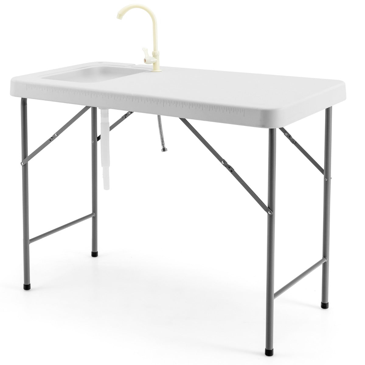 LIVSK Draagbare Opvouwbare Vis Schoonmaaktafel - HDPE Tafelblad - Draaibare Kraan - Diepe Spoelbak - Tot 150 kg - Wit