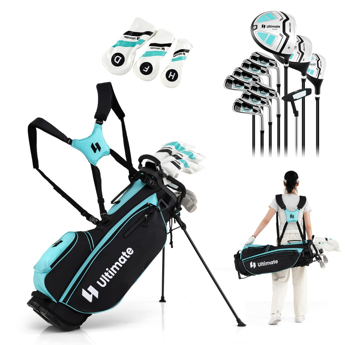 LIVSK Damesgolfset - 15-Delige Set met Driver, Woods, IJzers en Putter - Inclusief Golftas met Verstelbare Schouderbanden - Groen