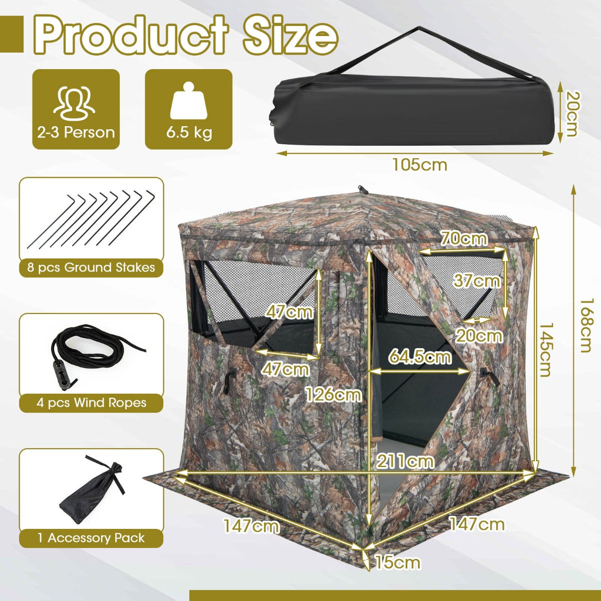 LIVSK Geruisloze Camouflage Jachthut - 270° Zicht - Stille Schuiframen - Waterdicht en Verduisterend - 2-3 Personen - Camouflage