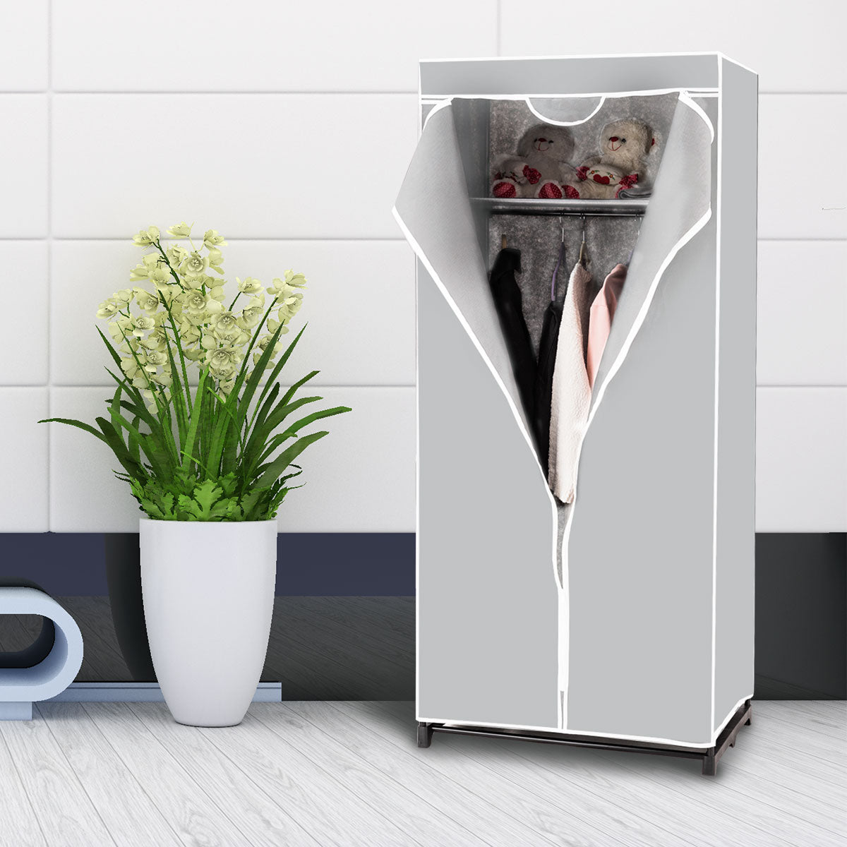 LIVSK Draagbare Kledingkast Organisator - Compact en Duurzaam - Twee Opslagplanken - Waterdichte Hoes - 74 x 50 x 172 cm - Grijs