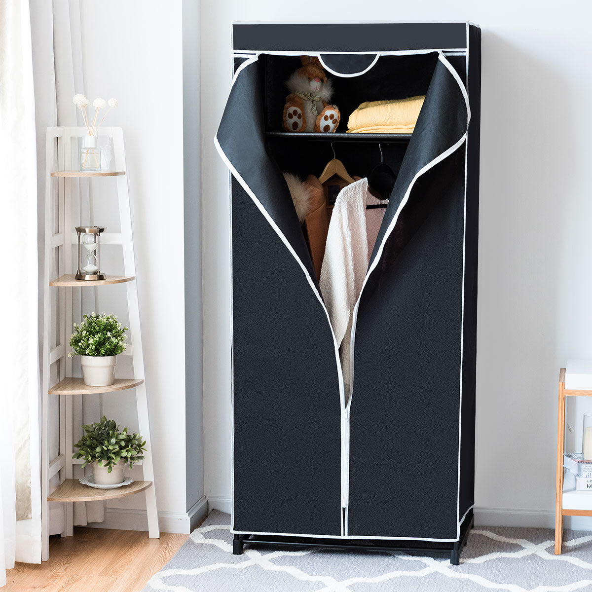 LIVSK Draagbare Kledingkast Organisator - Compact en Draagbaar - 2 Opslagplanken - Waterdichte Hoes - 74 x 50 x 172 cm - Zwart