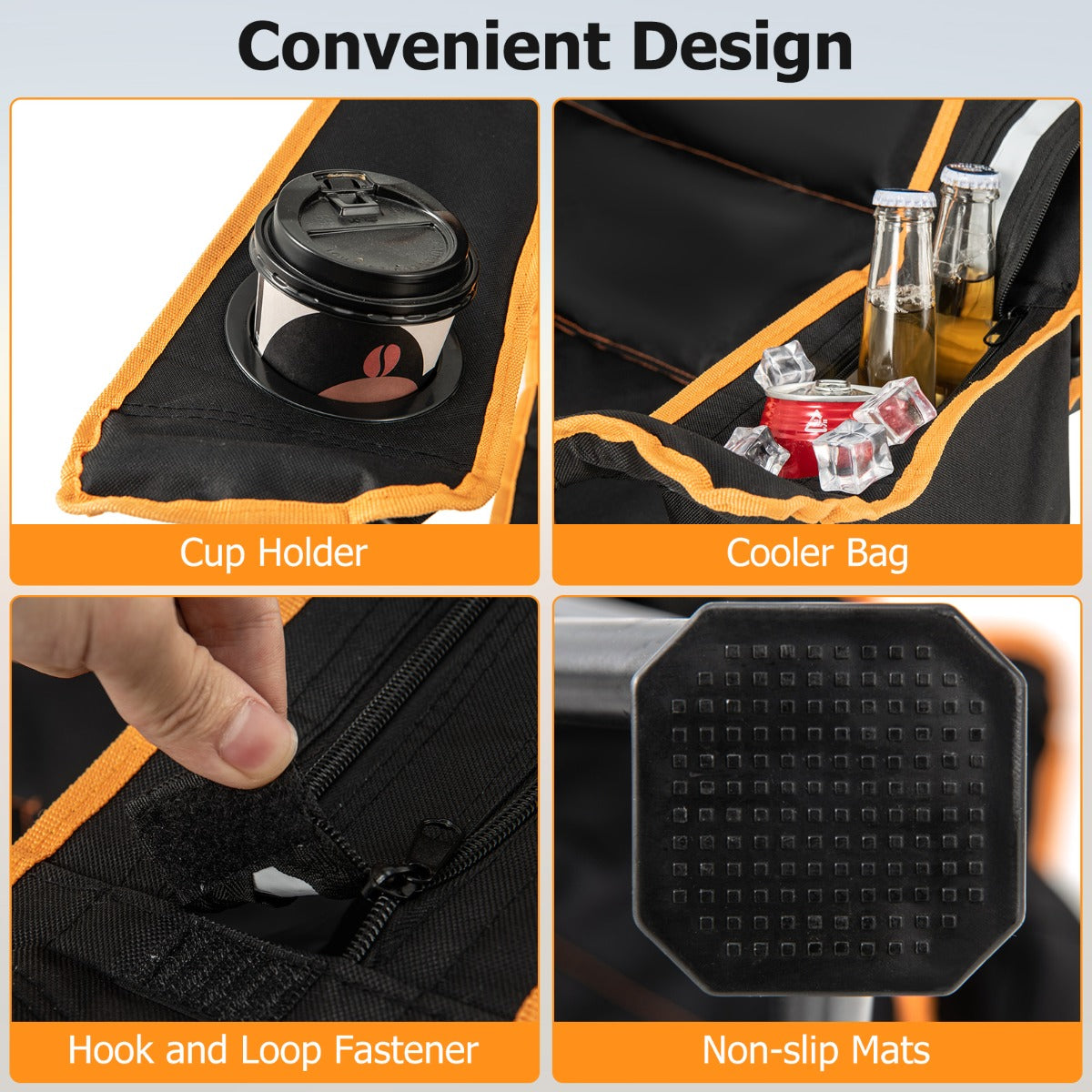 LIVSK 2-in-1 Campingstoel - Verstelbare Rugleuning - Afneembare Voetensteun - Inclusief Bekerhouder en Koeltas - Zwart