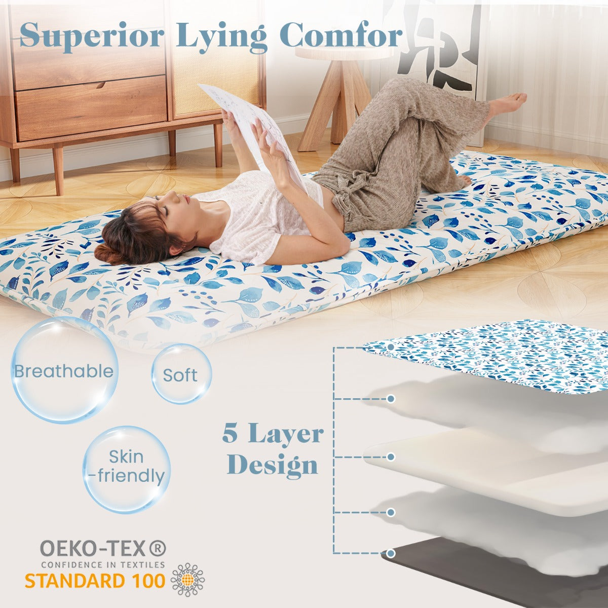 LIVSK Multifunctionele Matras - Draagbaar en Machinewasbaar - Hoge Dichtheid Vulling - Ideaal voor Slapen en Kamperen - Blauw 200