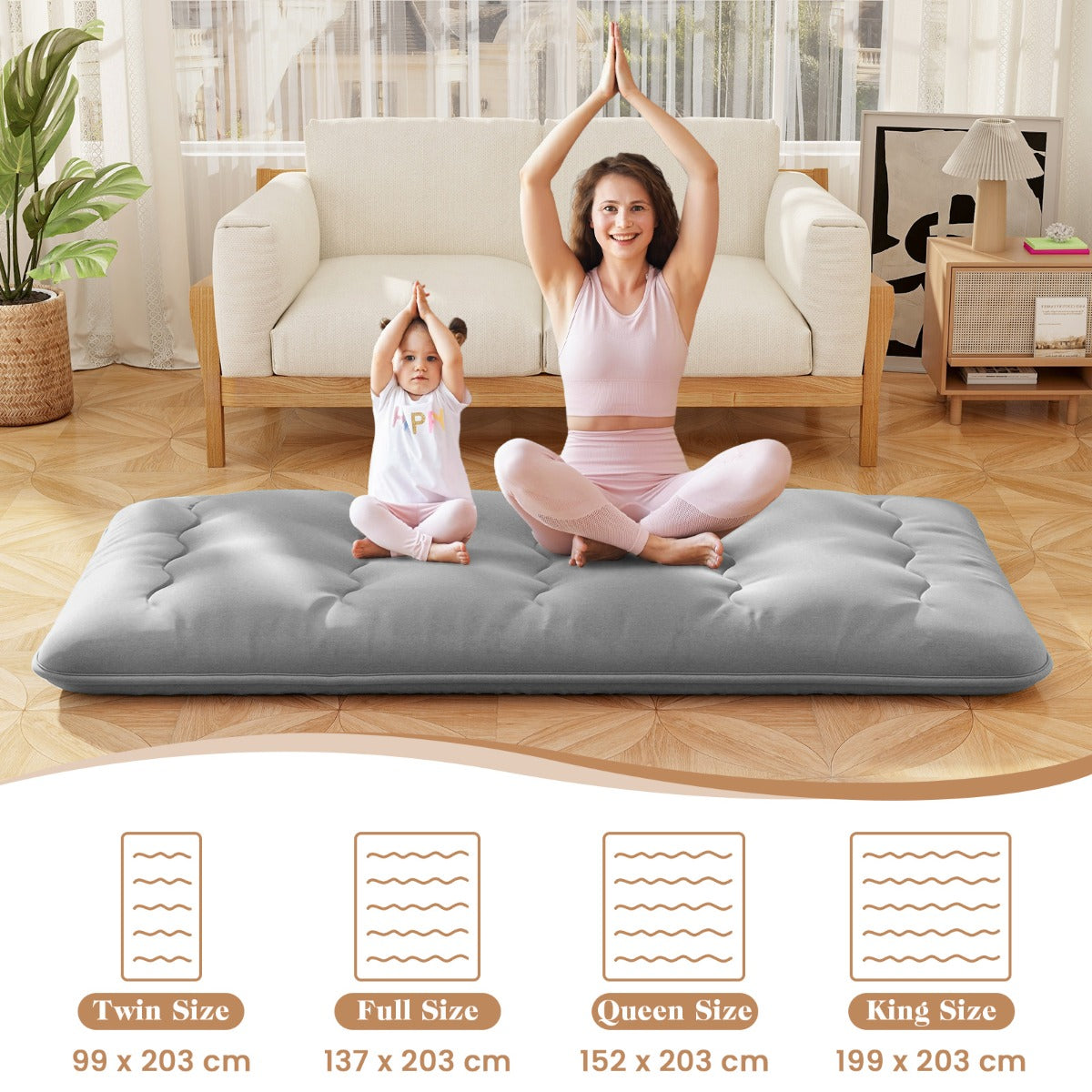LIVSK Multifunctionele Matras - Draagbaar als Futon, Slaap- of Speelmat - Afneembare Wasbare Hoes - 200 x 90 x 10 cm - Grijs