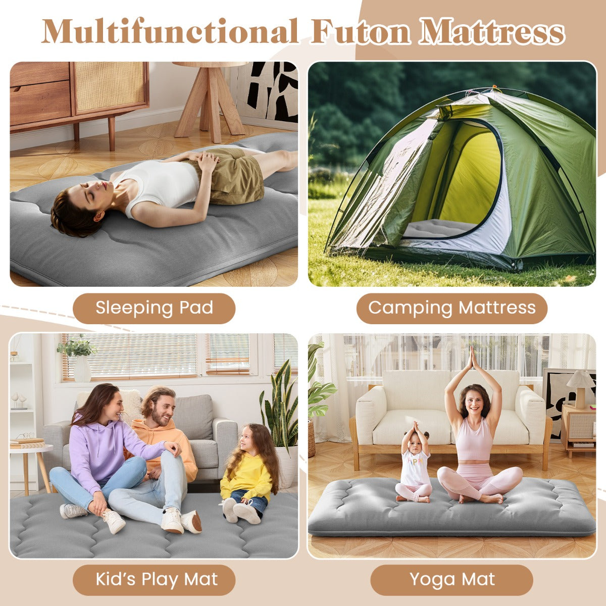 LIVSK Multifunctionele Matras - Draagbaar als Futon, Slaap- of Speelmat - Afneembare Wasbare Hoes - 200 x 90 x 10 cm - Grijs