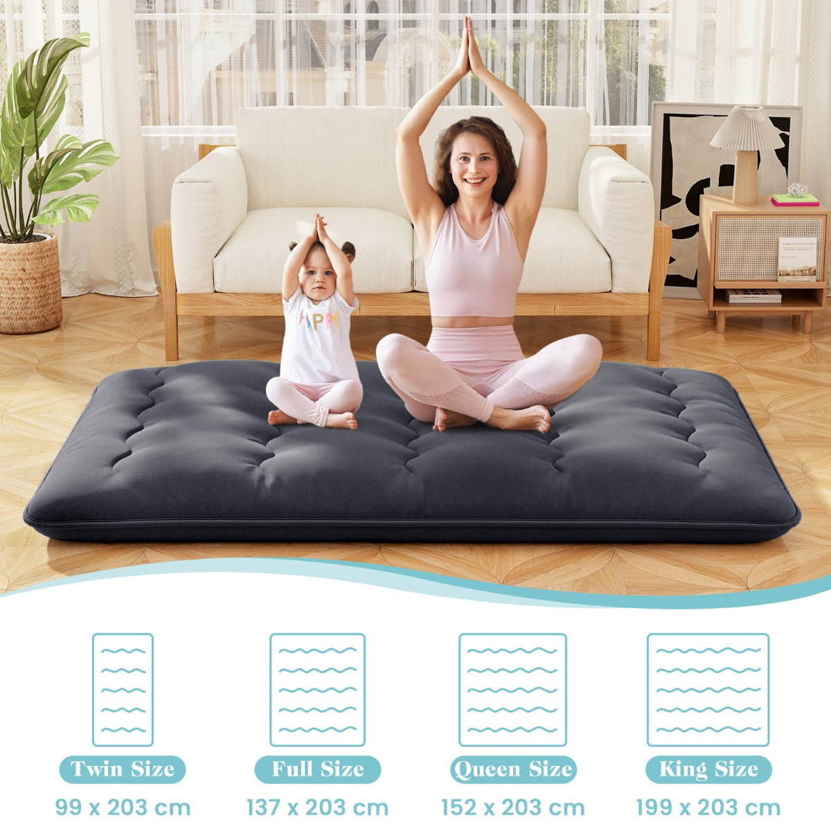 LIVSK Multifunctionele Futonmatras - Hoogwaardig Polyester - Machinewasbare Hoes - Draagtas - 200 x 90 x 10 cm - Zwart