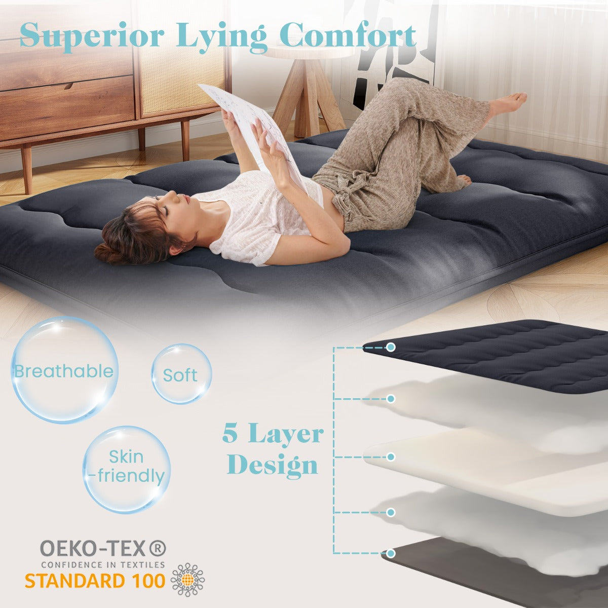 LIVSK Multifunctionele Futonmatras - Hoogwaardig Polyester - Machinewasbare Hoes - Draagtas - 200 x 90 x 10 cm - Zwart