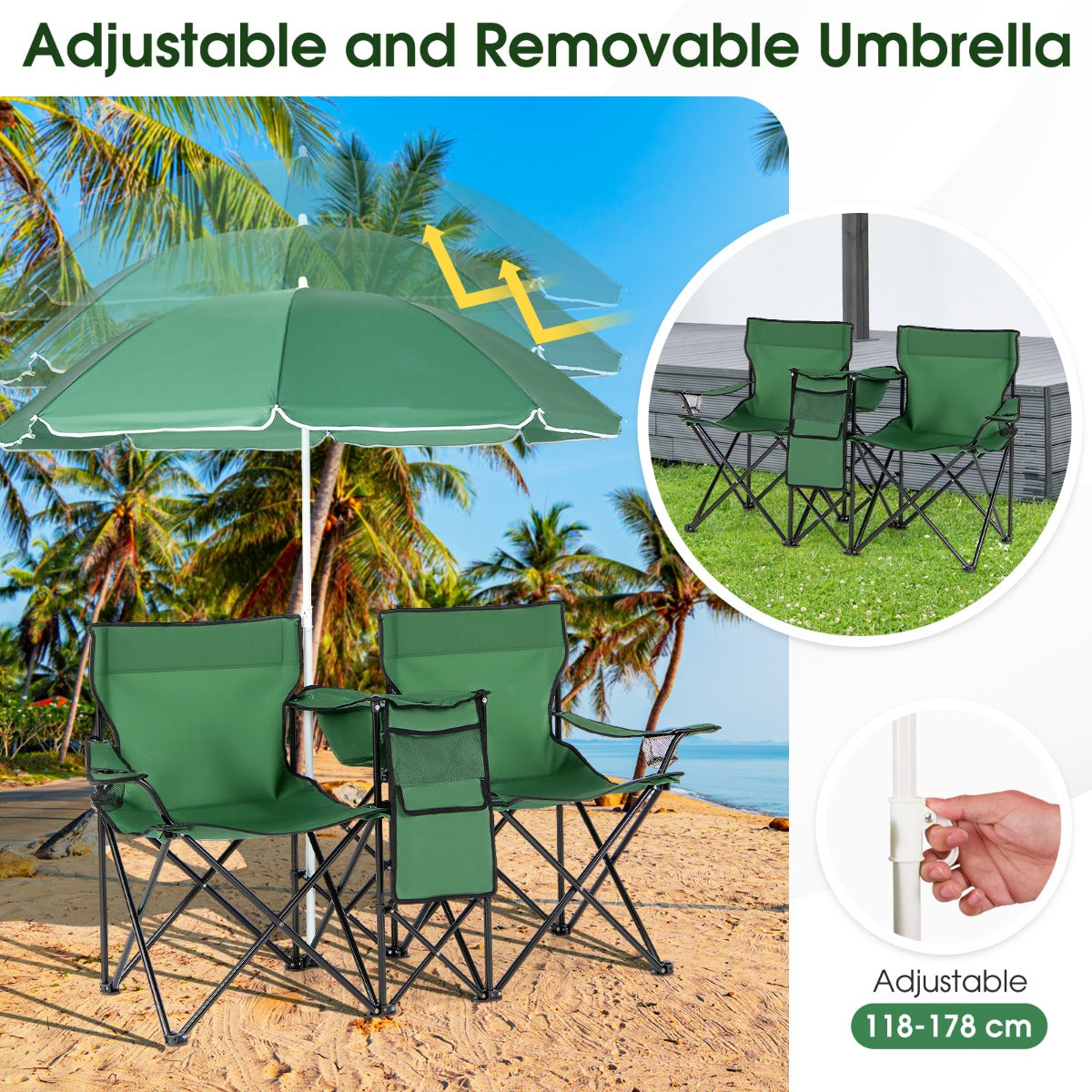 Livsk costway draagbare opvouwbare picknick liefde stoel stalen frame pvc oxford stof met paraplu mini tafel drank houder 5