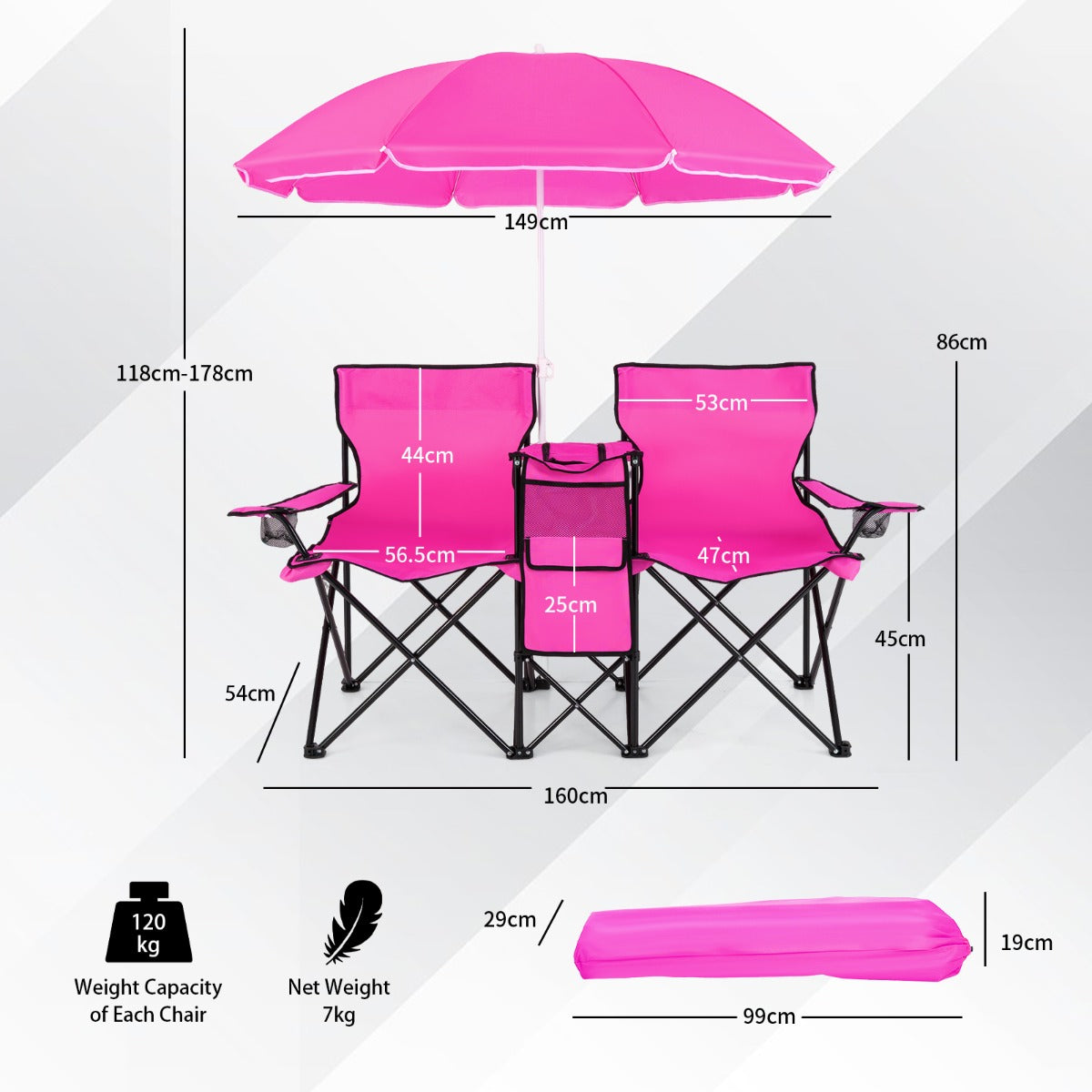 Livsk costway draagbare opvouwbare picknick liefde stoel stalen frame pvc oxford stof met paraplu mini tafel drank houder draagtas roze 1 1