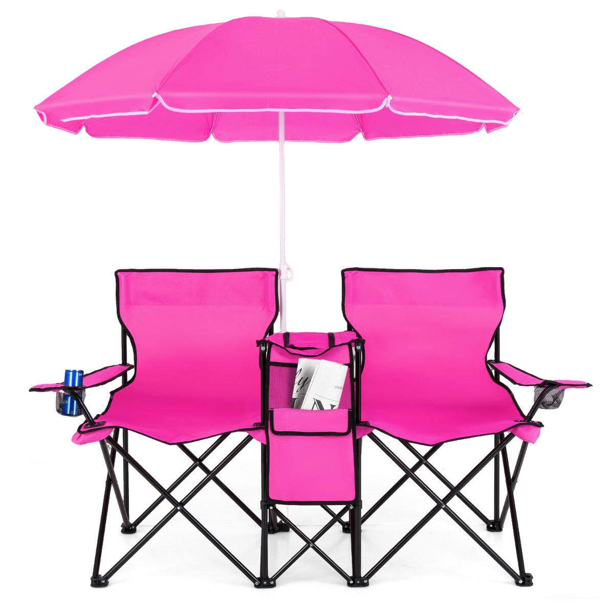 Livsk costway draagbare opvouwbare picknick liefde stoel stalen frame pvc oxford stof met paraplu mini tafel drank houder draagtas roze