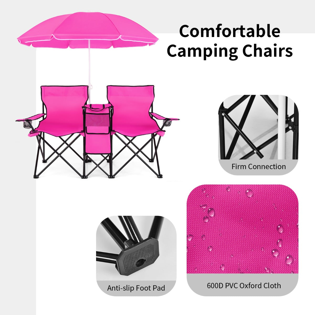 Livsk costway draagbare opvouwbare picknick liefde stoel stalen frame pvc oxford stof met paraplu mini tafel drank houder draagtas roze 5