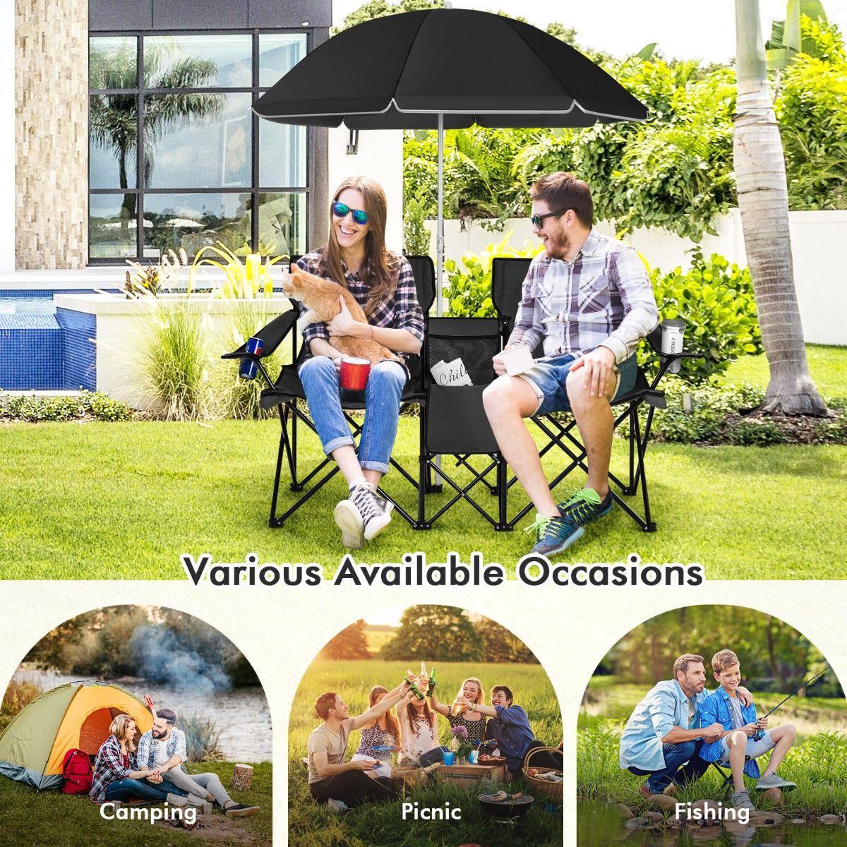 Livsk costway draagbare opvouwbare picknick liefde stoel stalen frame pvc oxford stof met paraplu mini tafel drank houder draagtas zwart 2