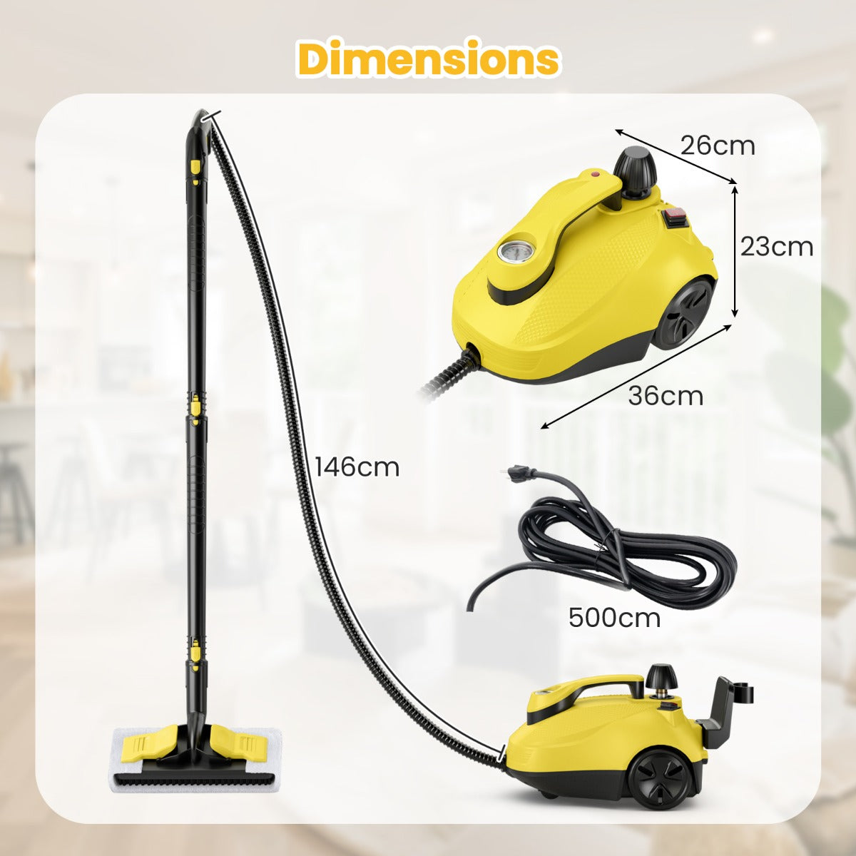 LIVSK Stoomreiniger 2000W - 5 Bar Hoge Druk - 1,8L Tank - Snelle Opwarmtijd - Inclusief Accessoires - Geel