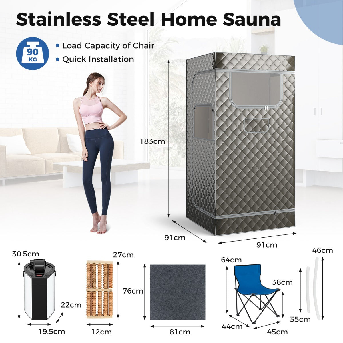 LIVSK Draagbare Sauna-Tent - 3L Stoomgenerator - Afstandsbediening - 9 Temperatuurinstellingen - Veiligheidsfuncties - Grijs