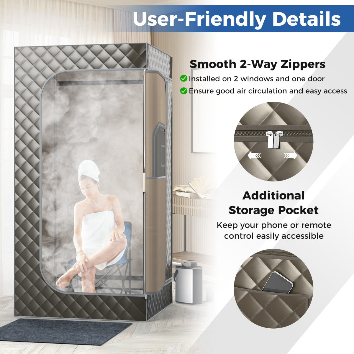 LIVSK Draagbare Sauna-Tent - 3L Stoomgenerator - Afstandsbediening - 9 Temperatuurinstellingen - Veiligheidsfuncties - Grijs