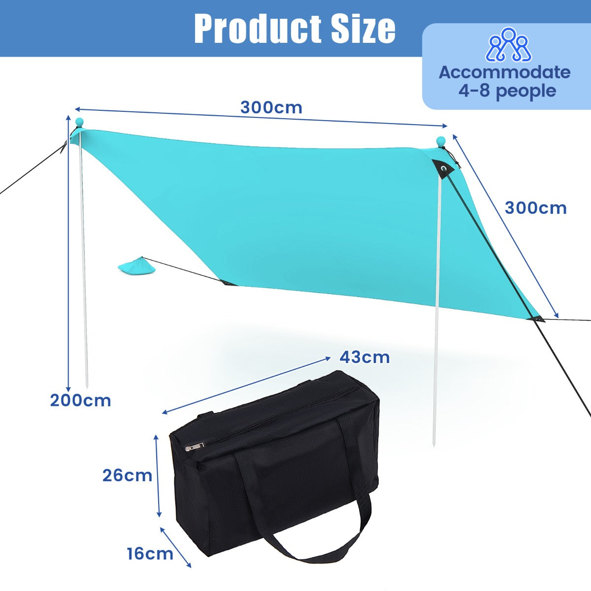LIVSK Draagbare Strandluifel 300 x 300 x 200 cm - UPF 50+ Zonbescherming - Windbestendig - Inclusief Grondpennen en Draagtas -