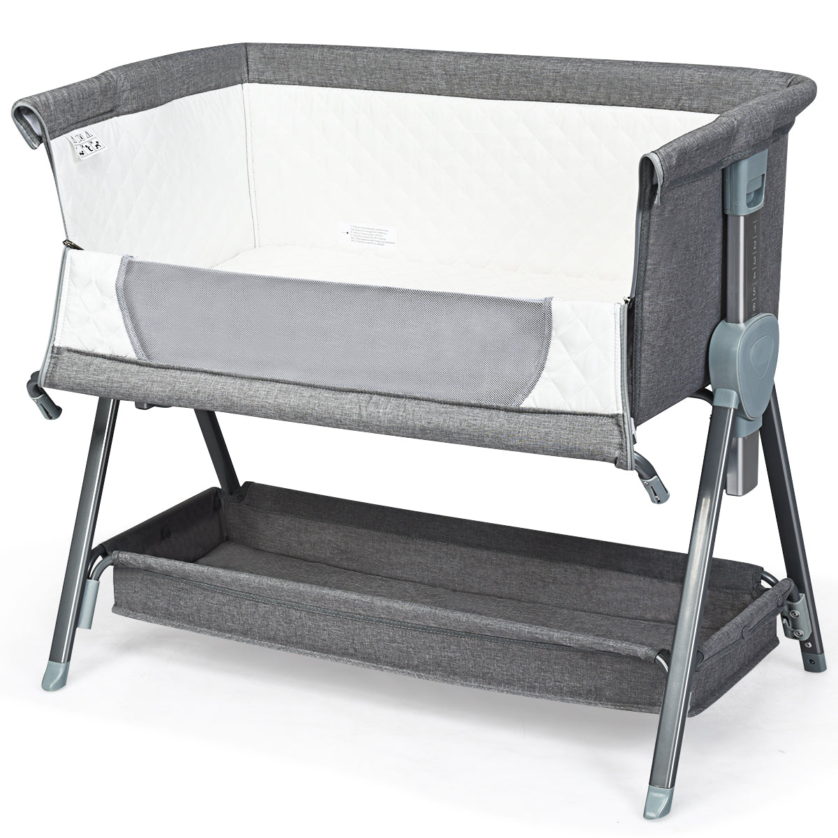 LIVSK Verstelbare Babywieg naast Bed - Driehoekig Metalen Frame - 6 Hoogtes - Gaas-ontwerp - Opbergmand - Grijs
