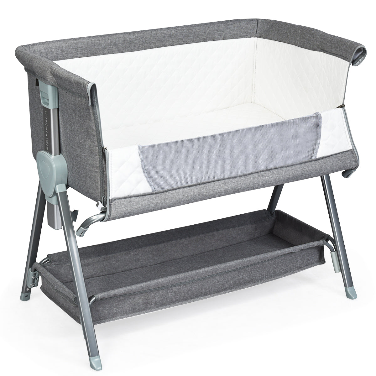 LIVSK Verstelbare Babywieg naast Bed - Driehoekig Metalen Frame - 6 Hoogtes - Gaas-ontwerp - Opbergmand - Grijs