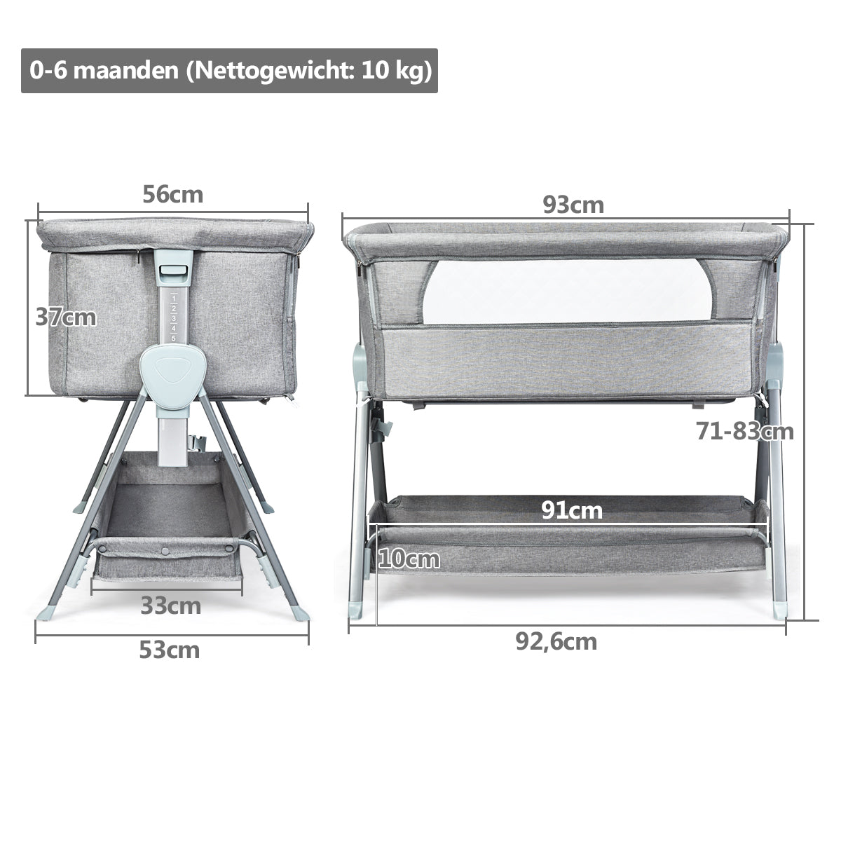 LIVSK Verstelbare Babywieg naast Bed - Driehoekig Metalen Frame - 6 Hoogtes - Gaas-ontwerp - Opbergmand - Grijs