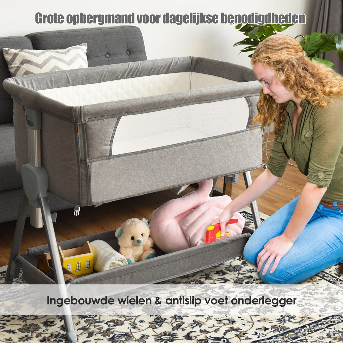 LIVSK Verstelbare Babywieg naast Bed - Driehoekig Metalen Frame - 6 Hoogtes - Gaas-ontwerp - Opbergmand - Grijs