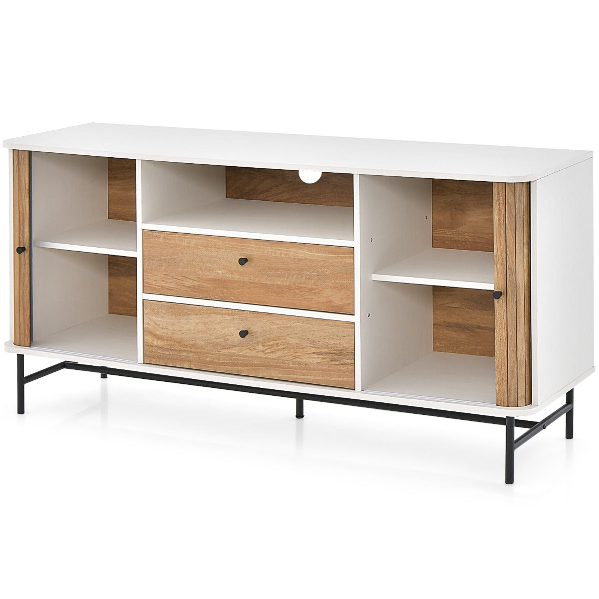 LIVSK Buffetkast Mid-Century - Schuifdeuren - 5 Planken en 2 Laden - Voor 65 Inch TV - Eiken - 150 x 45 x 74 cm