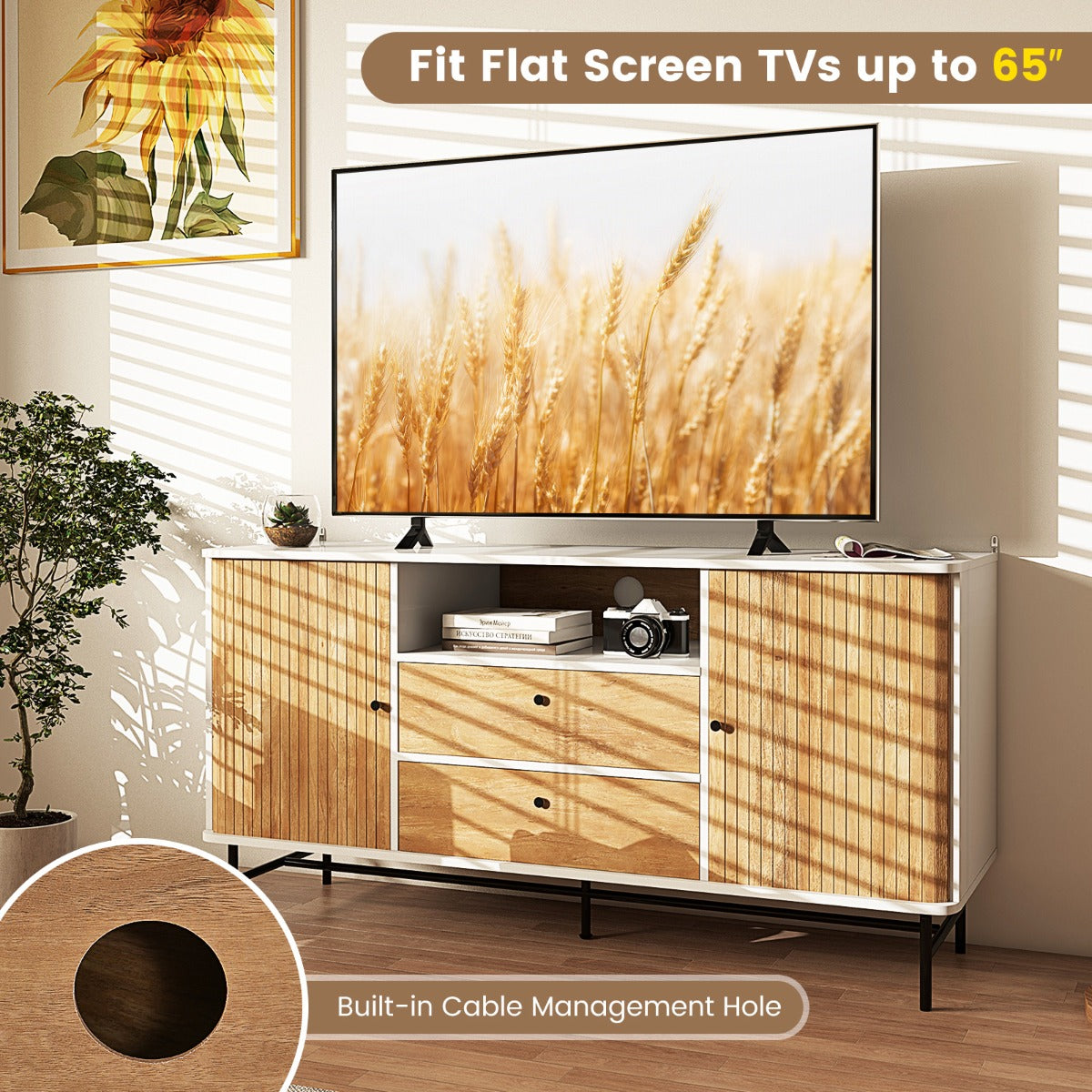 LIVSK Buffetkast Mid-Century - Schuifdeuren - 5 Planken en 2 Laden - Voor 65 Inch TV - Eiken - 150 x 45 x 74 cm