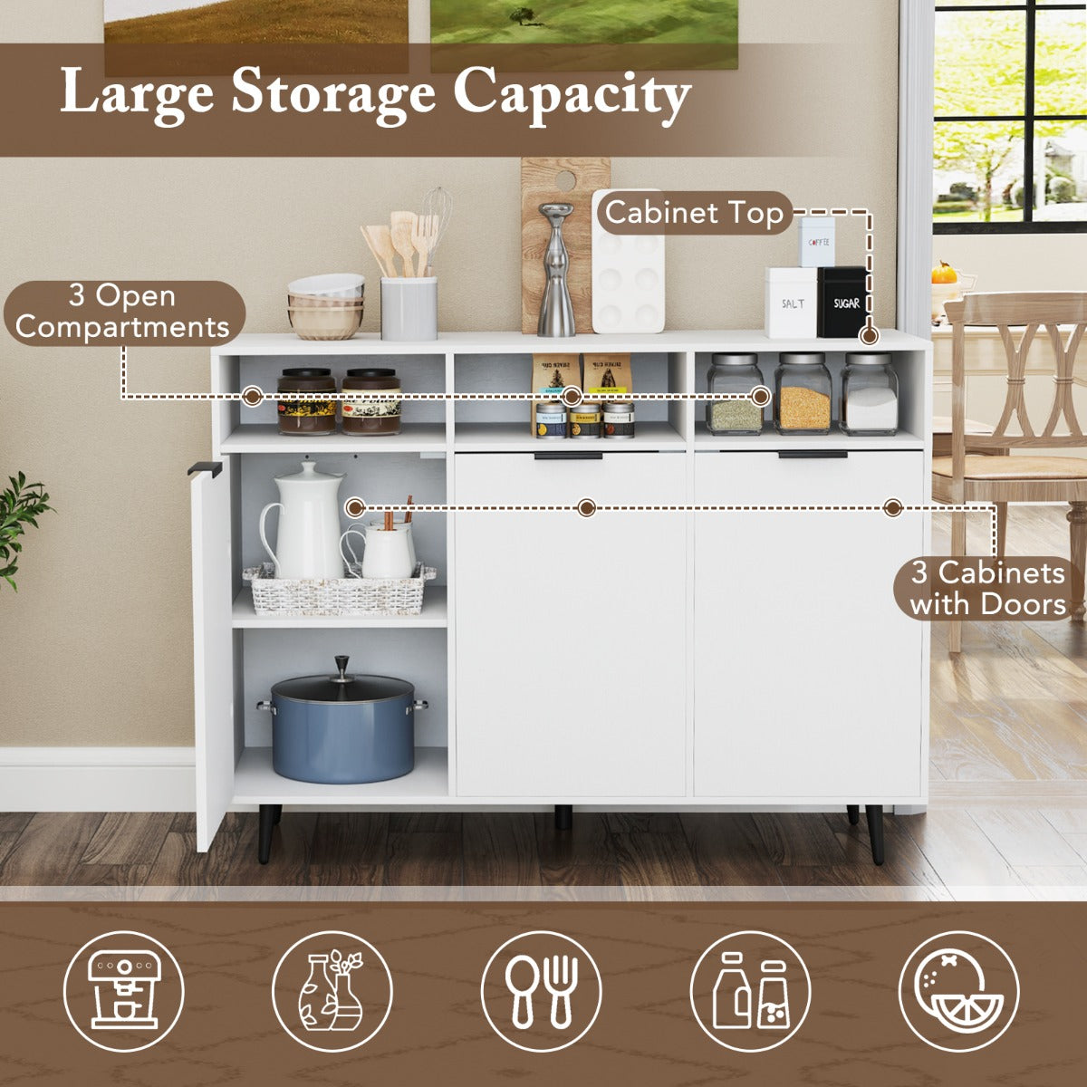 LIVSK Buffetkast - 5 Planken - 3 Open Vakken - 3 Deurkasten - Kantelbeveiliging - Softclose - 120 x 40 x 90 cm - Wit