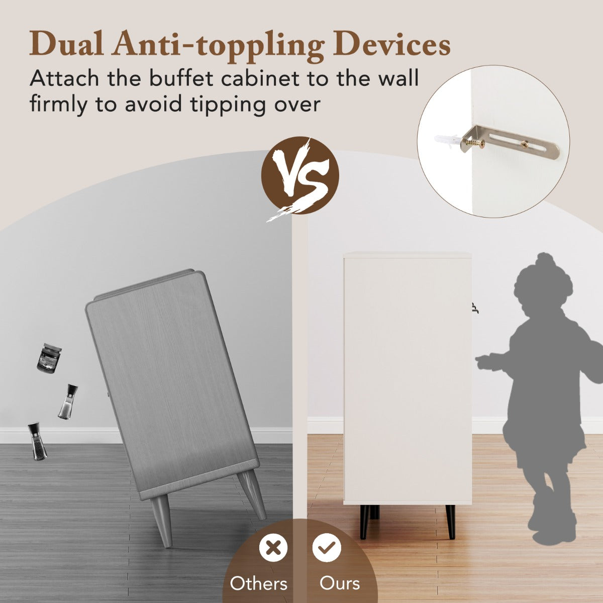 LIVSK Buffetkast - 5 Planken - 3 Open Vakken - 3 Deurkasten - Kantelbeveiliging - Softclose - 120 x 40 x 90 cm - Wit