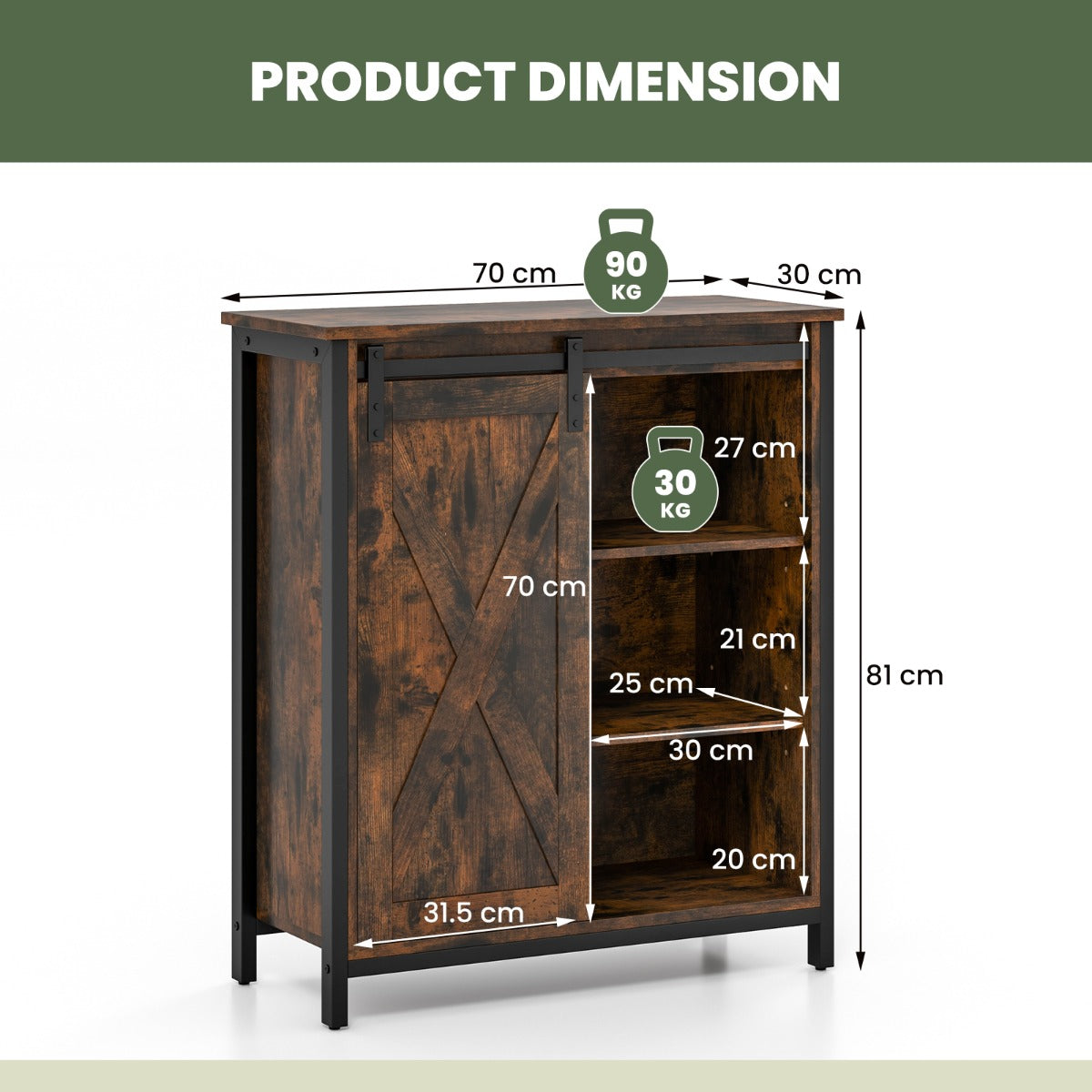 LIVSK Opbergkast met Schuifdeuren - 6 Opbergvakken - Verstelbare Planken - Rustiek Boerderijontwerp - 70 x 30 x 81 cm - Rustiek