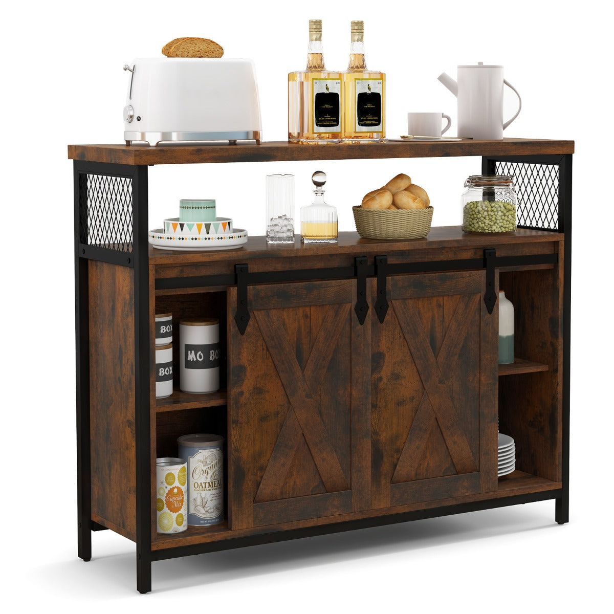 Livsk costway dressoir keukenkast met 2 schuifdeuren en 3 traps verstelbare planken en open vakken houten commode voor eetkamer woonkamer hal