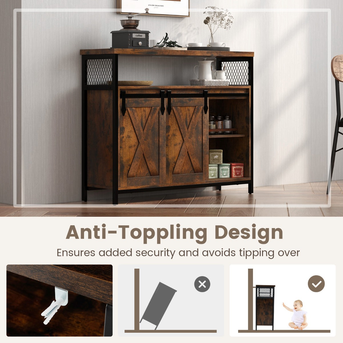 Livsk costway dressoir keukenkast met 2 schuifdeuren en 3 traps verstelbare planken en open vakken houten commode voor eetkamer woonkamer hal 6