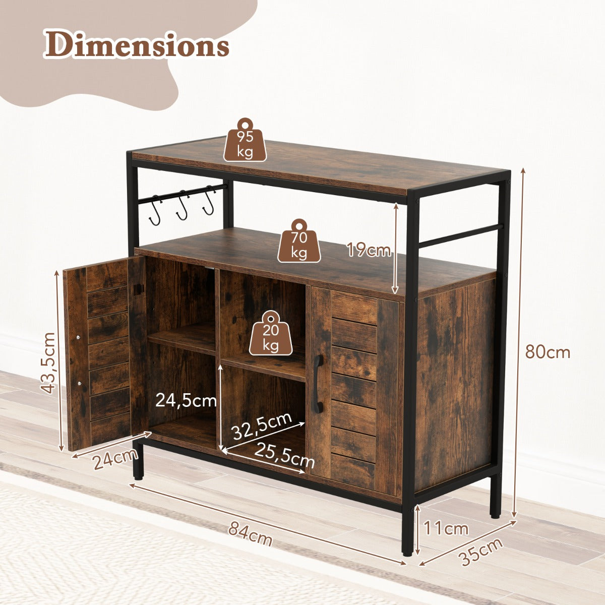 LIVSK Buffetkast - Rustiek Bruin en Zwart - 2 Planken - 2 Open Vakken - 2 Gesloten Kasten - Verstelbaar - 84 x 35 x 80 cm -