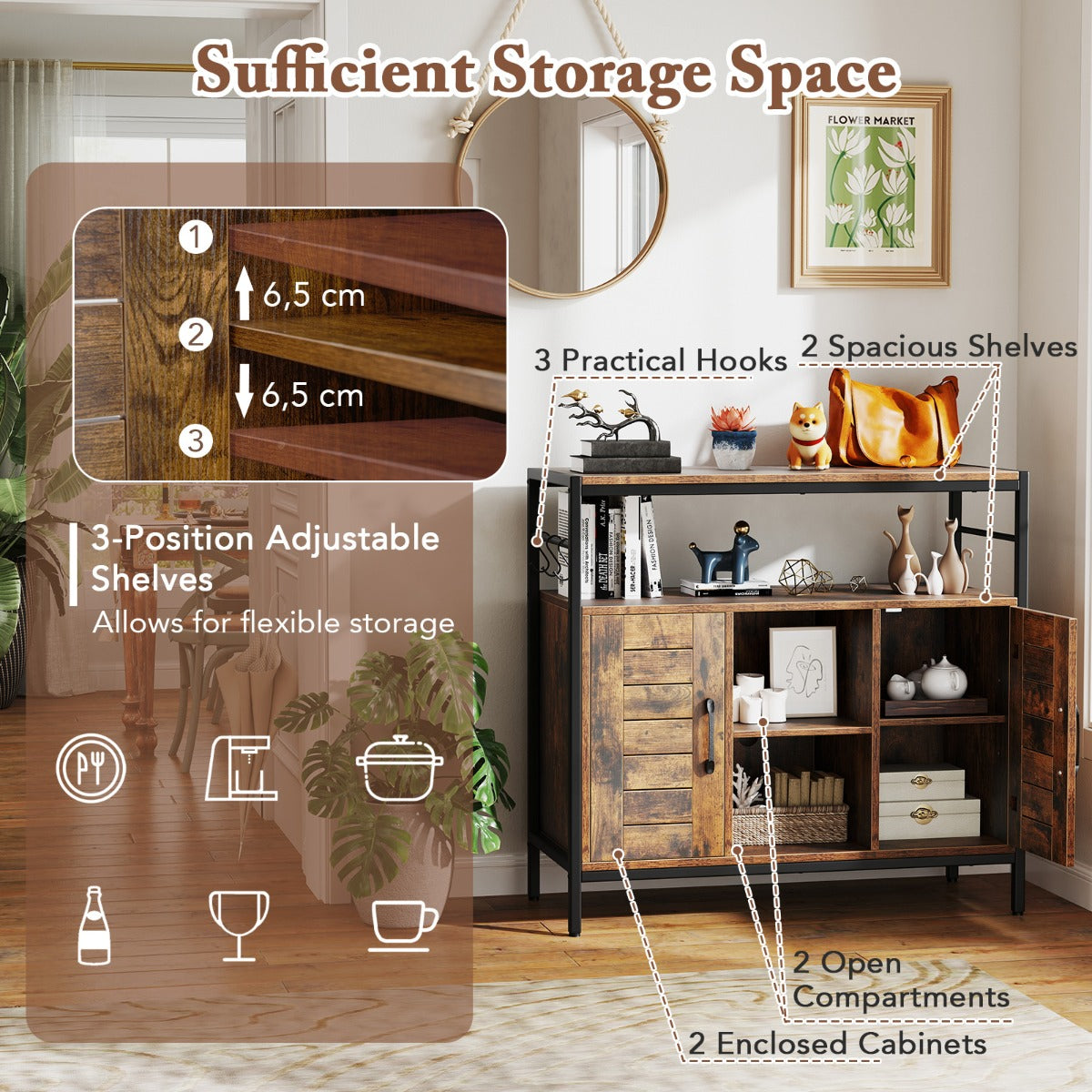 LIVSK Buffetkast - Rustiek Bruin en Zwart - 2 Planken - 2 Open Vakken - 2 Gesloten Kasten - Verstelbaar - 84 x 35 x 80 cm -