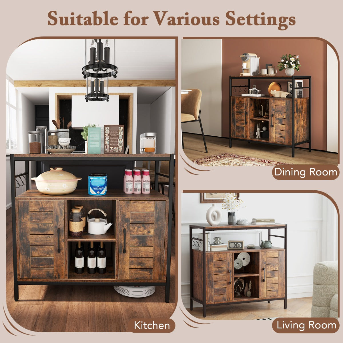 LIVSK Buffetkast - Rustiek Bruin en Zwart - 2 Planken - 2 Open Vakken - 2 Gesloten Kasten - Verstelbaar - 84 x 35 x 80 cm -
