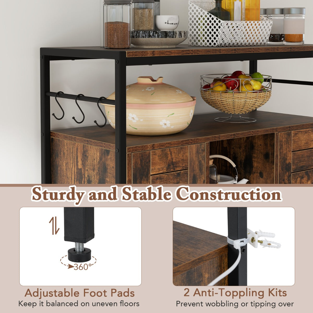 LIVSK Buffetkast - Rustiek Bruin en Zwart - 2 Planken - 2 Open Vakken - 2 Gesloten Kasten - Verstelbaar - 84 x 35 x 80 cm -