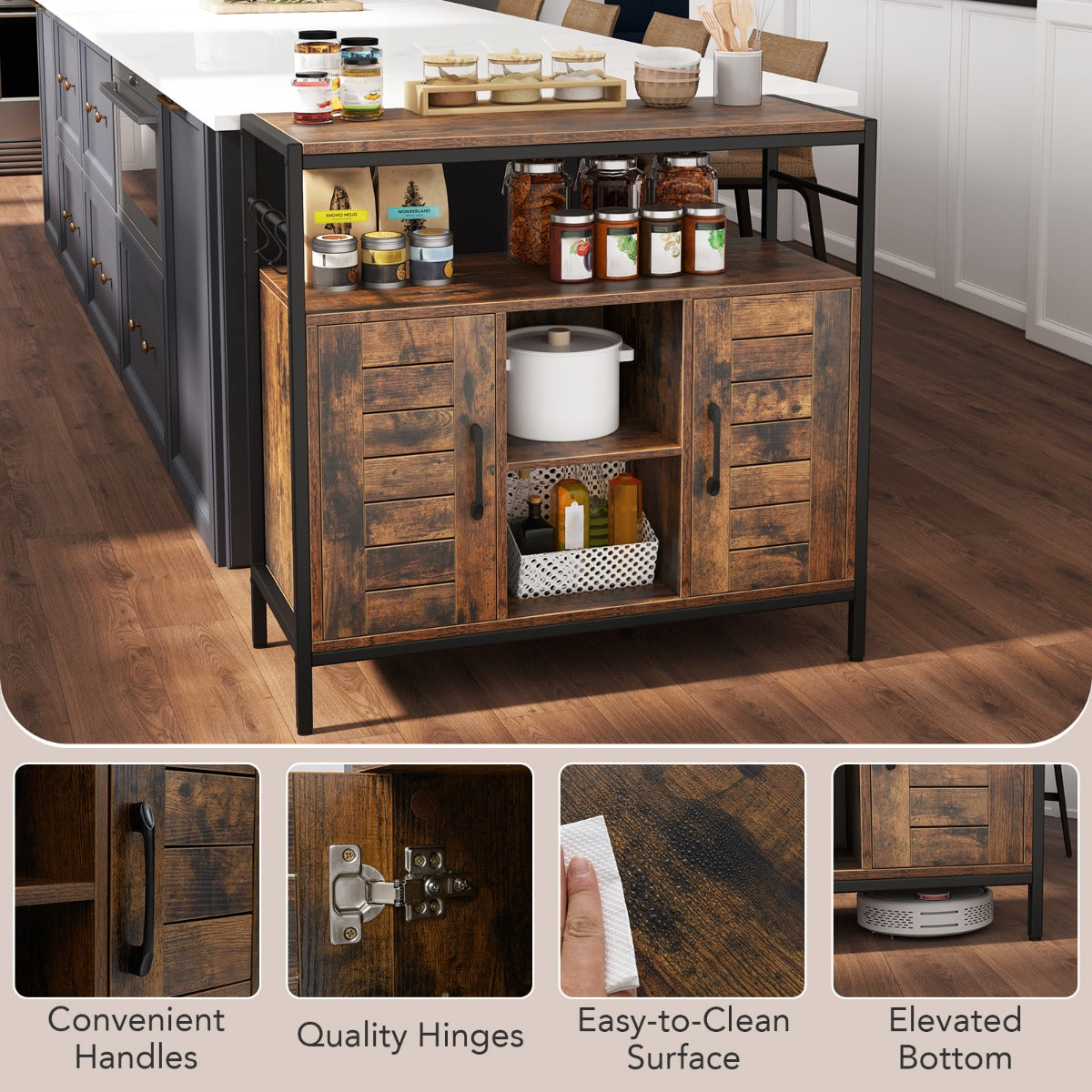 LIVSK Buffetkast - Rustiek Bruin en Zwart - 2 Planken - 2 Open Vakken - 2 Gesloten Kasten - Verstelbaar - 84 x 35 x 80 cm -