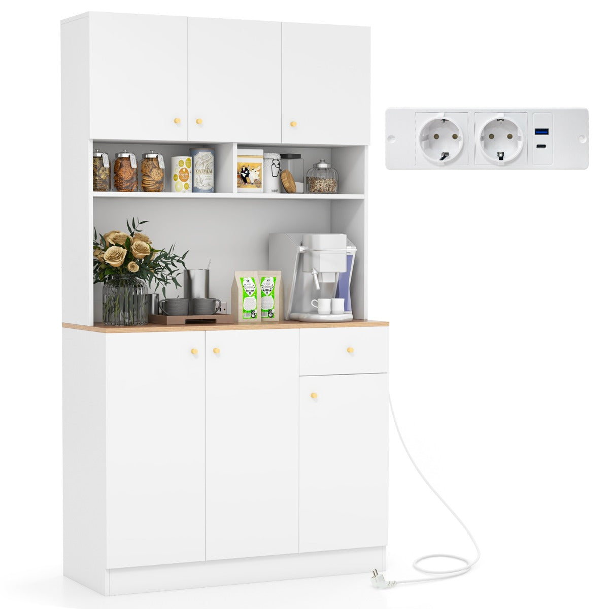 LIVSK Moderne Buffetkast - 3 Verstelbare Planken - Stopcontacten en USB-poorten - Anti-kantelbescherming - 100 x 40 x 181 cm - Wit