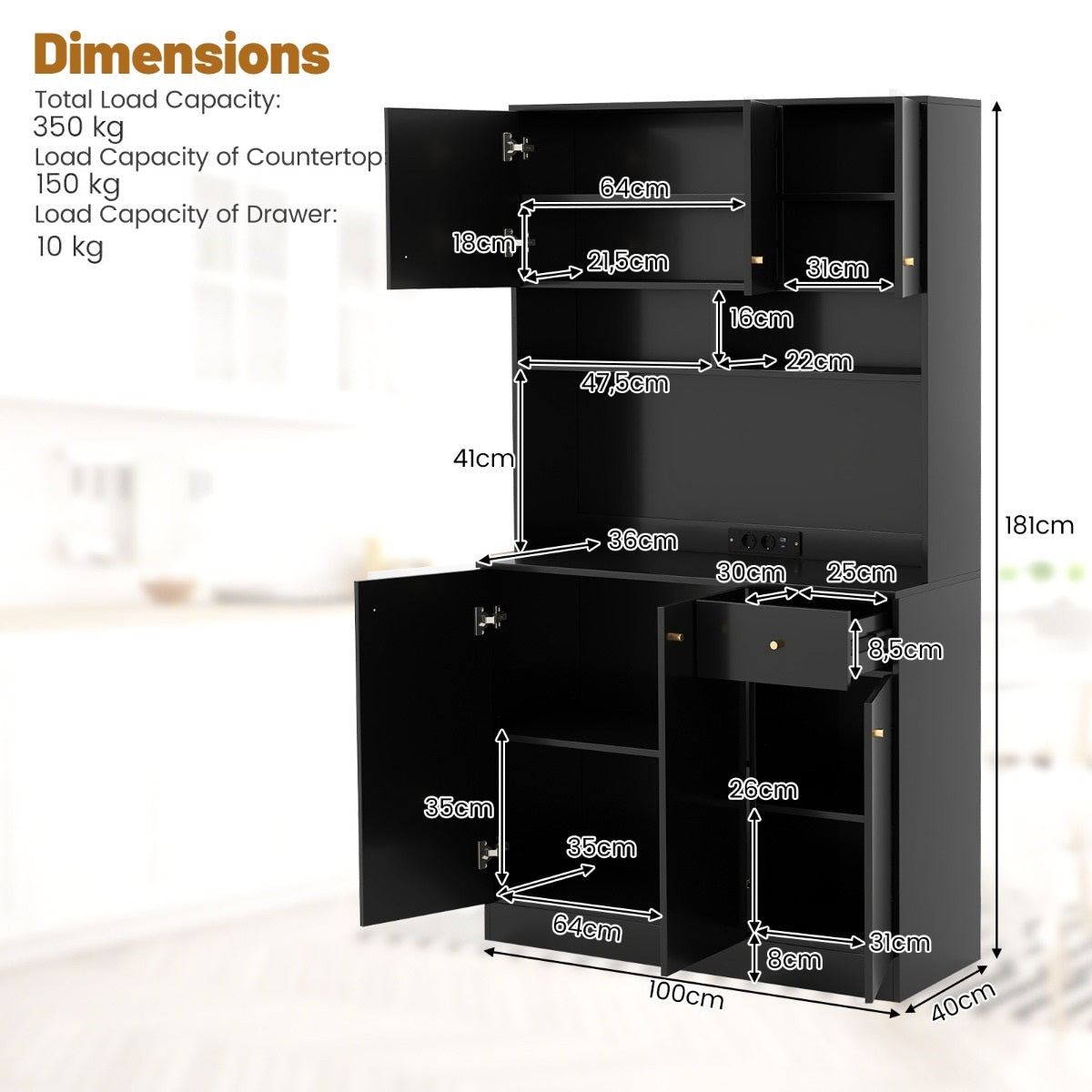 Livsk costway dressoir keukenkast met stopcontacten 4 kasten grote lade servieskast hoge buffetkast voor woonkamer eetkamer 100 x 40 x 181 cm zwart 1 1