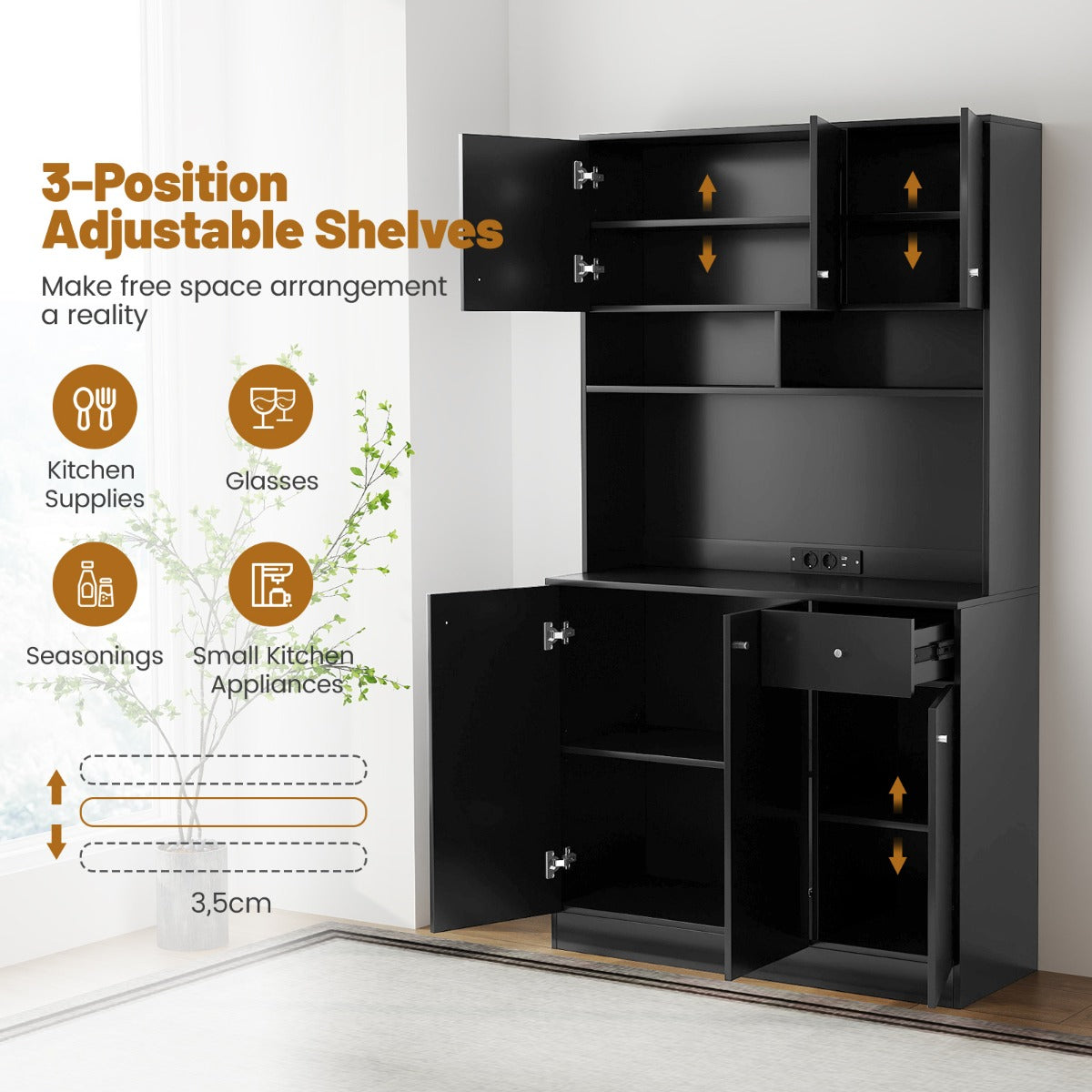Livsk costway dressoir keukenkast met stopcontacten 4 kasten grote lade servieskast hoge buffetkast voor woonkamer eetkamer 100 x 40 x 181 cm zwart 2