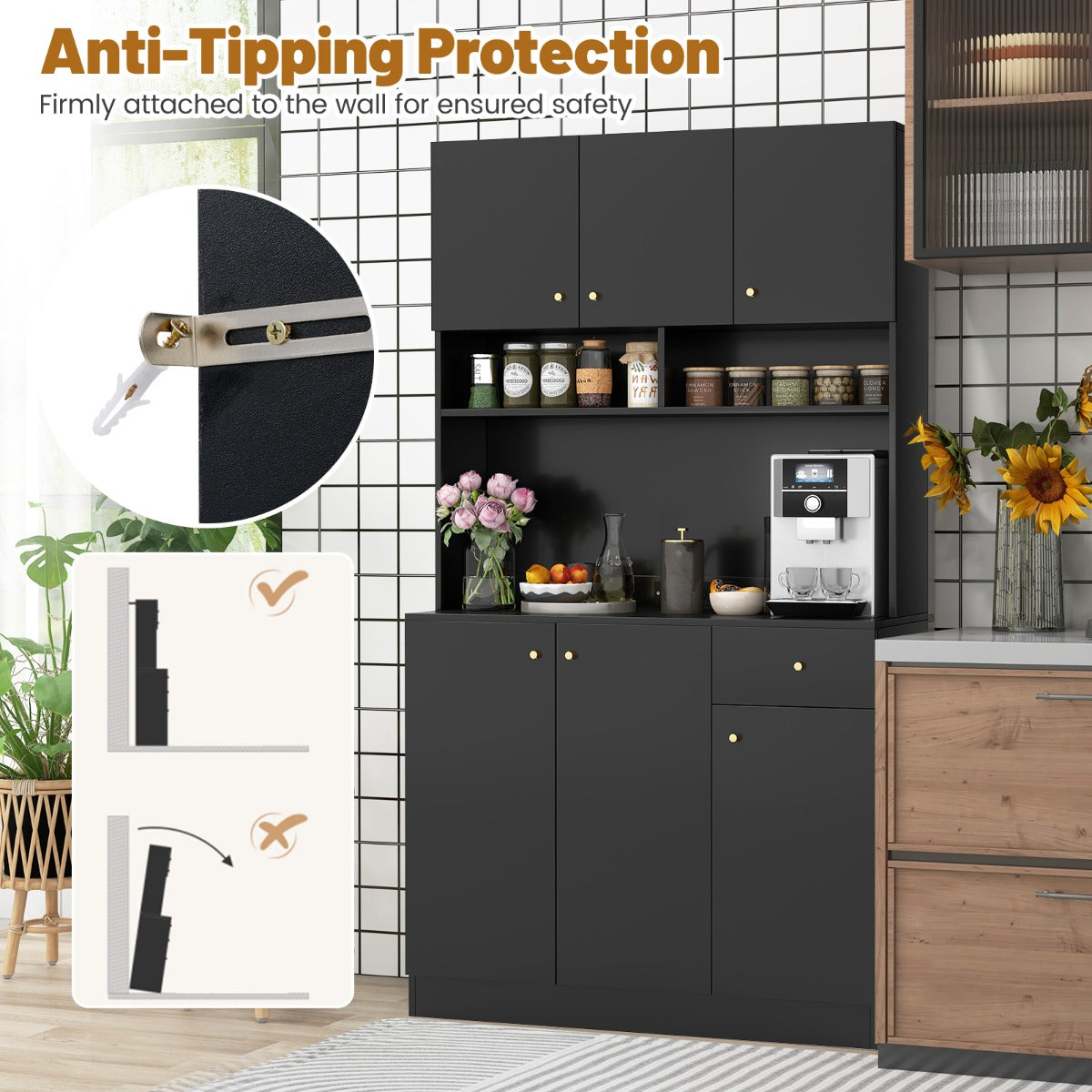 Livsk costway dressoir keukenkast met stopcontacten 4 kasten grote lade servieskast hoge buffetkast voor woonkamer eetkamer 100 x 40 x 181 cm zwart 6