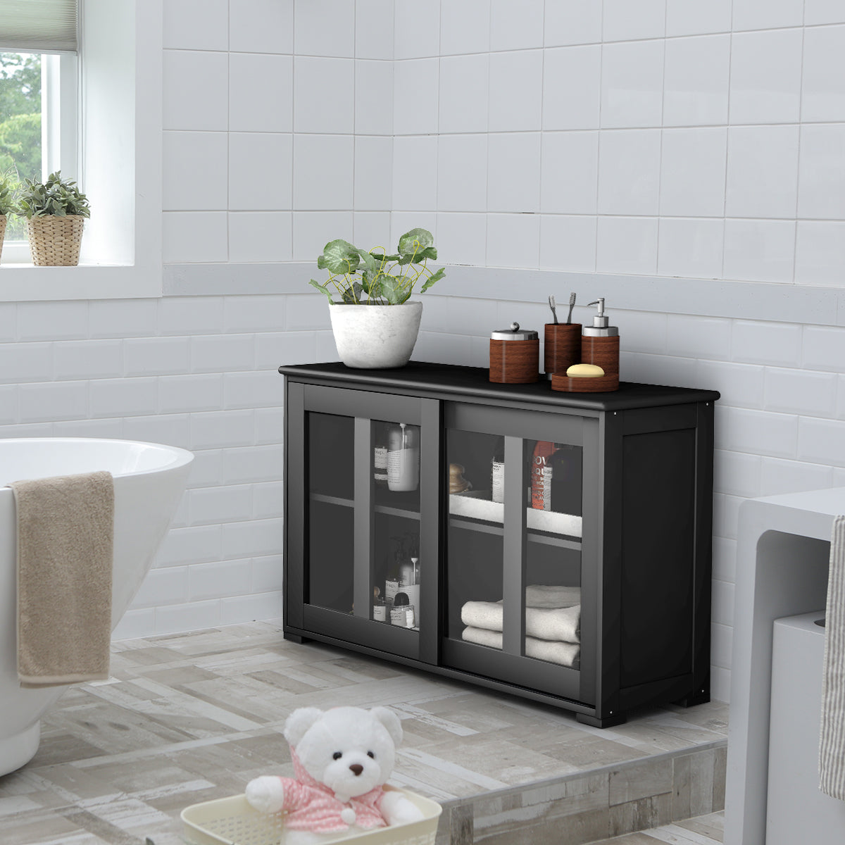 LIVSK Dressoir Opbergkast - Hoogwaardig MDF - Verstelbare Plank - Glazen Deur - Stabiele Poten - 106,5 x 33 x 62,5 cm - Zwart