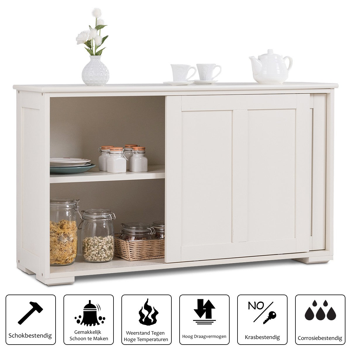 LIVSK Multifunctioneel Dressoir met Schuifdeuren - Ruime Plank - Verstelbare Hoogte - Veilig met Afgeronde Randen - Wit