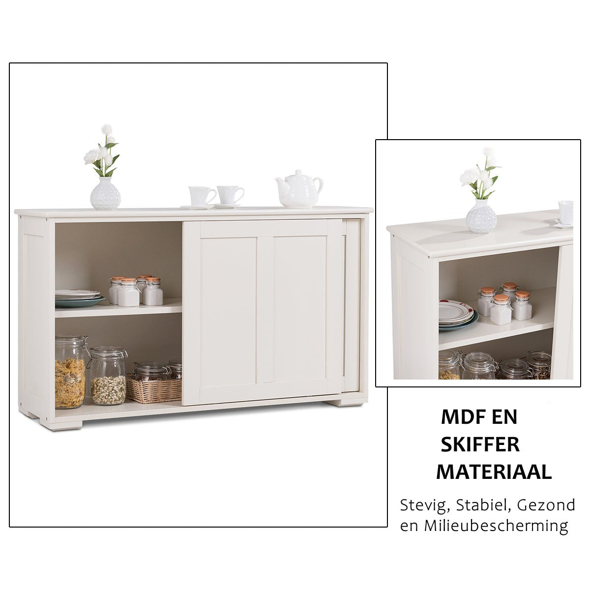 LIVSK Multifunctioneel Dressoir met Schuifdeuren - Ruime Plank - Verstelbare Hoogte - Veilig met Afgeronde Randen - Wit