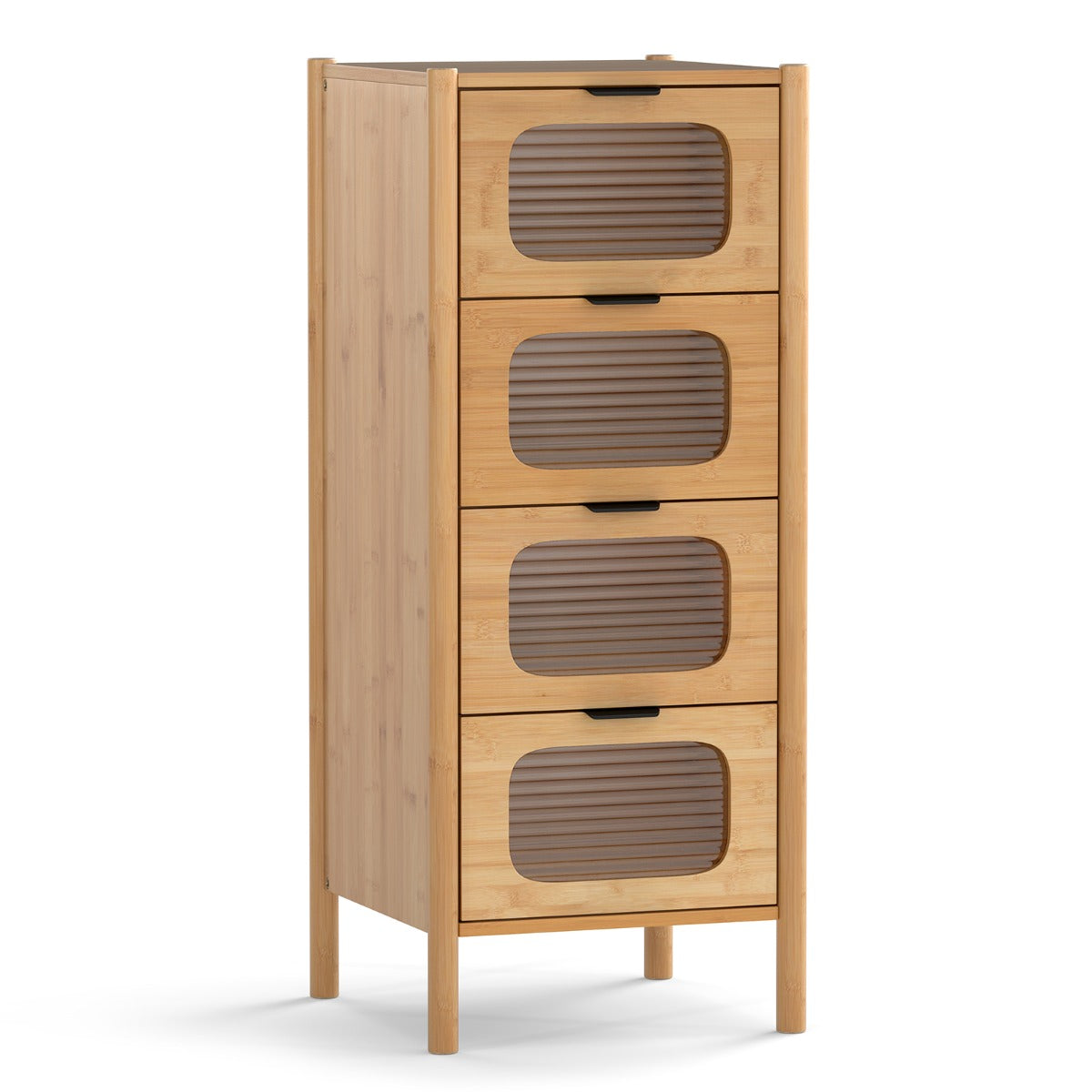 LIVSK Opbergkast van Bamboe - 4 Lades met Gestreept Gehard Glas - Stabiel en Veilig - Antislip - 40 x 40 x 97 cm - Natuurlijk