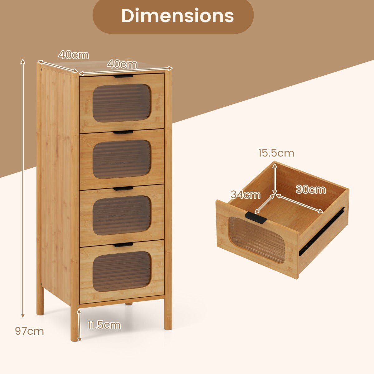 LIVSK Opbergkast van Bamboe - 4 Lades met Gestreept Gehard Glas - Stabiel en Veilig - Antislip - 40 x 40 x 97 cm - Natuurlijk