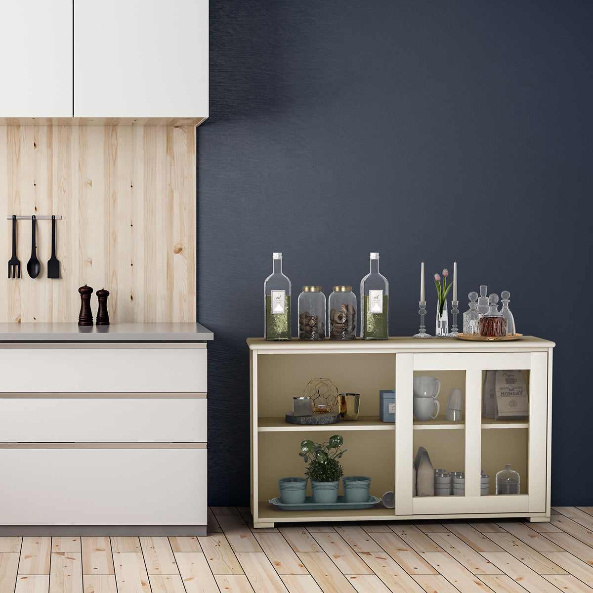 LIVSK Dressoir met Verstelbare Plank - Gehard Glas - Ruime Opbergruimte - Eenvoudig te Monteren - 106,5 x 33 x 62,5 cm - Crèmewit