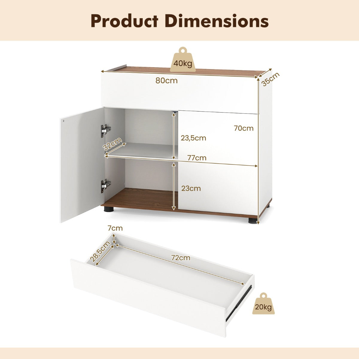 Livsk costway dressoir met opbergruimte houten koffietafel met een lade en twee deuren wit 2